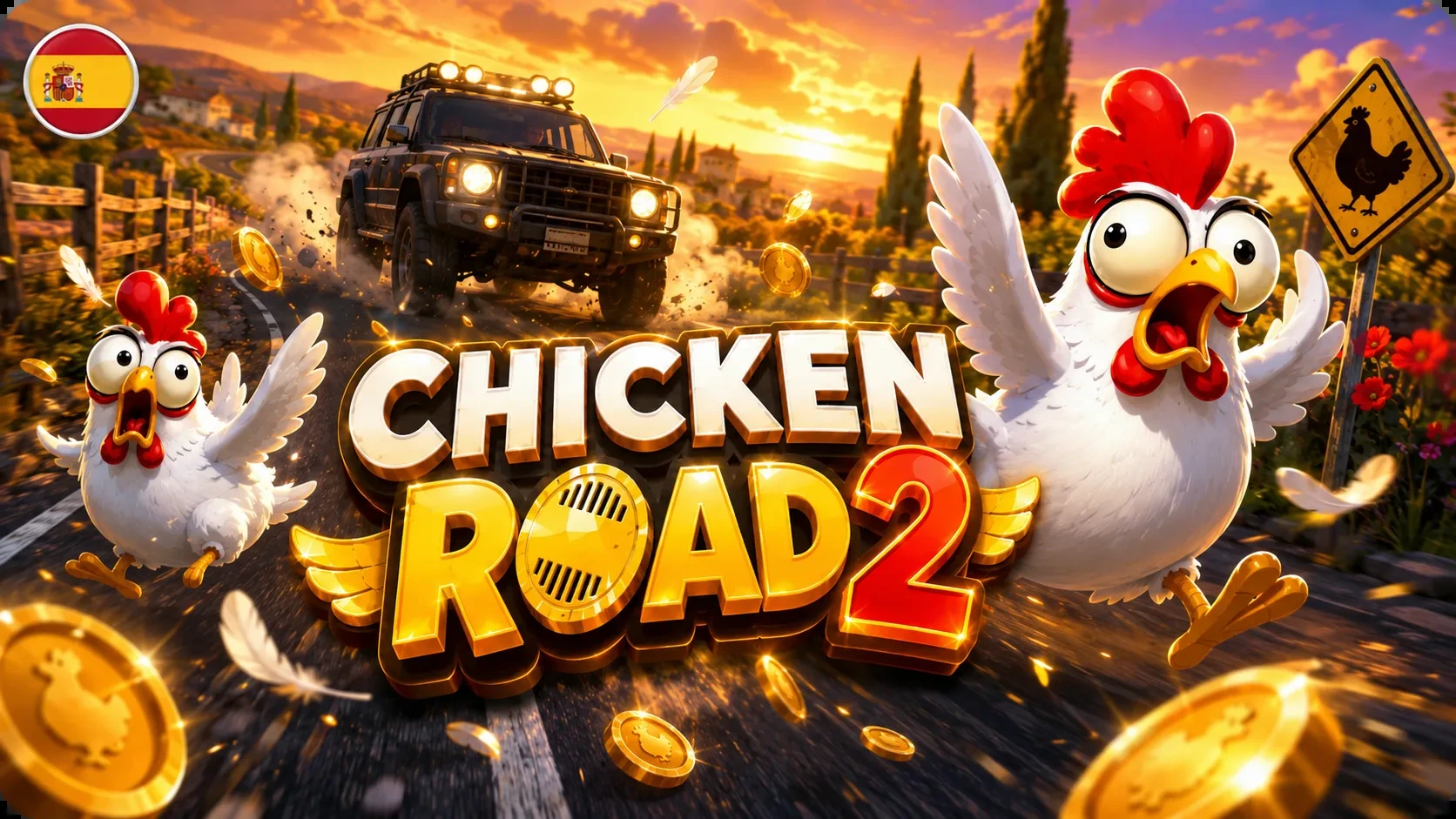 Chicken Road 2 con ruta de aventura, señales de carretera y monedas