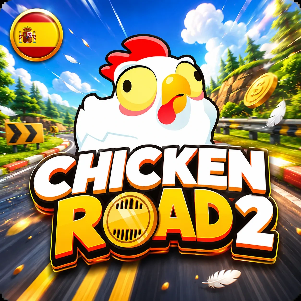 Chicken Road 2 en carretera con bandera de España y monedas