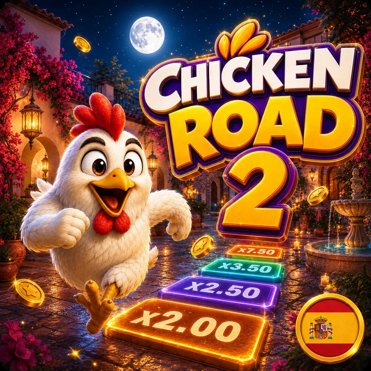Chicken Road 2 de noche con multiplicadores y referencia a España