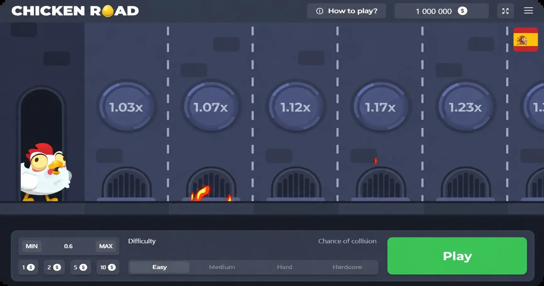 Interfaz demo de Chicken Road con ronda y multiplicadores visibles