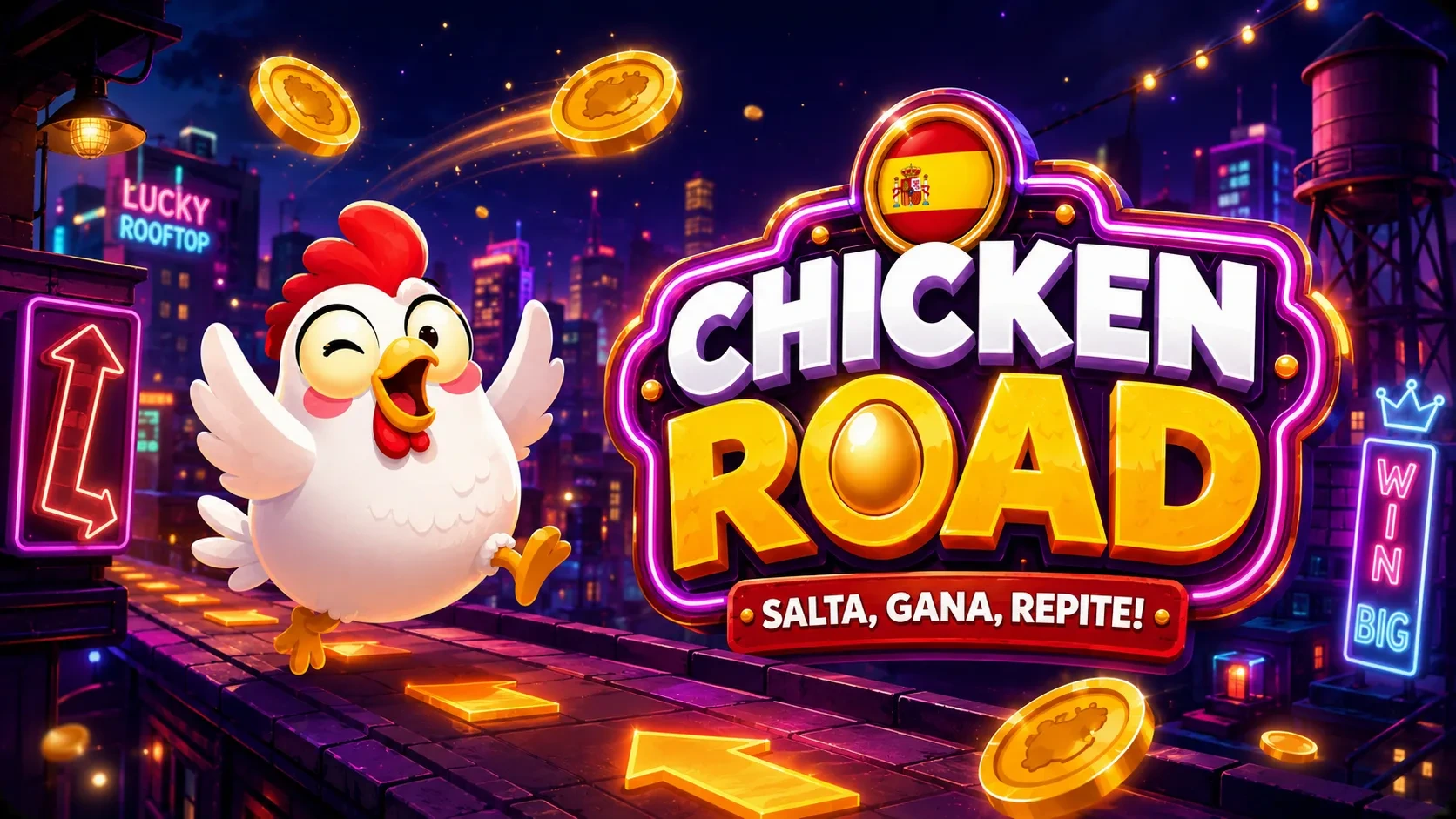 Escena de Chicken Road con estilo neón y ruta de juego iluminada
